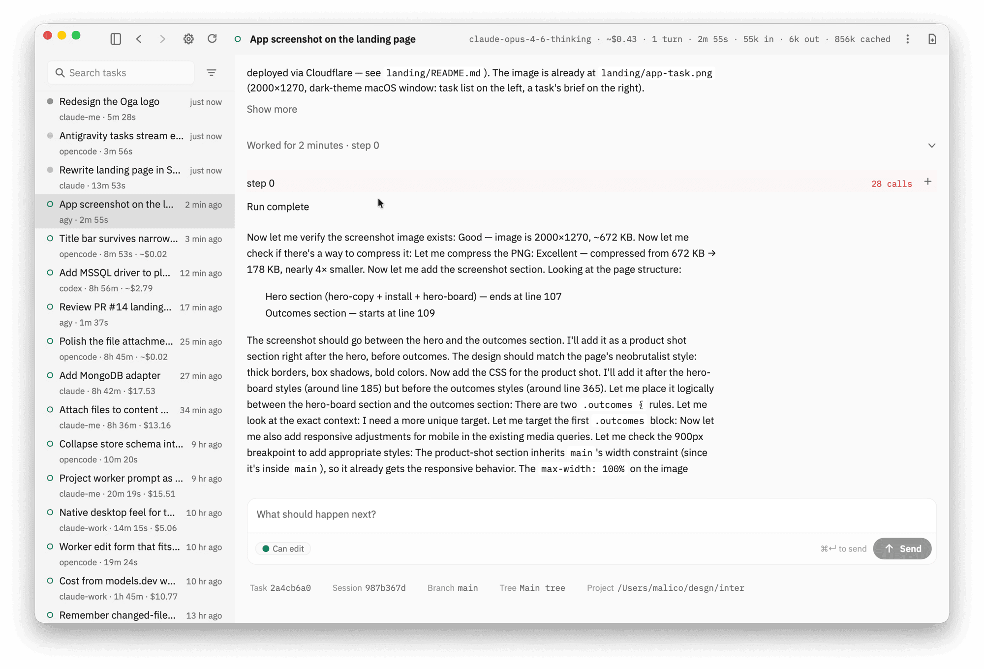 Oga desktop app showing a task list on the left and a task brief on the right, in a dark-themed macOS window